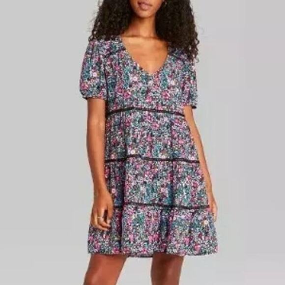 wild fable Dresses & Skirts - Wild Fable Size S Floral Print Short Sleeve Tiered Babydoll Mini Dress Purple
